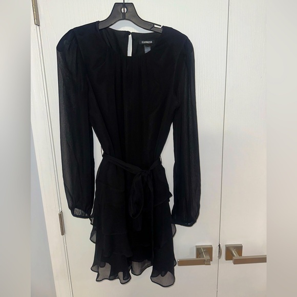 Express Dress | Long Sleeve Tie Waist Tiered Ruffle Mini Dress | Sheer | Small - Picture 4 of 8